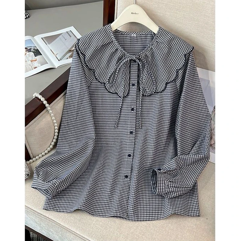 Moda damska Vintage Plaid Ruffles Lace Up Shirt Sweet Chic O Neck Bluzka z długim rękawem Wiosna Jesień Casual Loose Tops Blusas