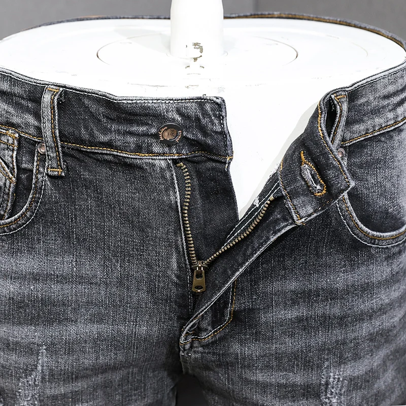 Fashion Designer Men Jeans High Quality Retro Black Gray Stretch Slim Fit Ripped Jeans Men Vintage Designer Denim Pants Hombre