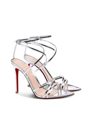 New silver pointed toe exposed cross straight strap sandals with slim heels for women, red soled high heels, fashion shoes