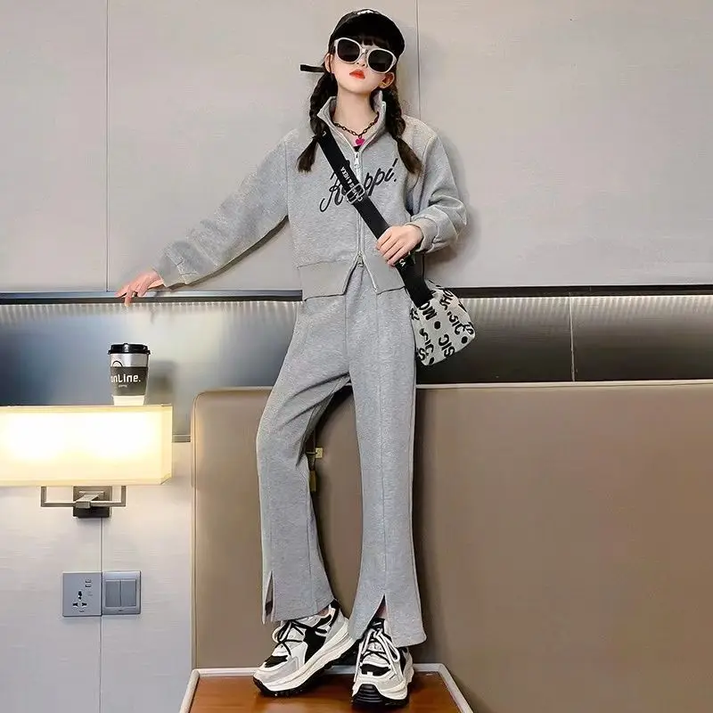

Autumn Kids Girls Top And Bottom Two-piece Tracksuit Junior Girl Letter Zipper Jacket+Solid Bootcut Pants Children Girls Sets