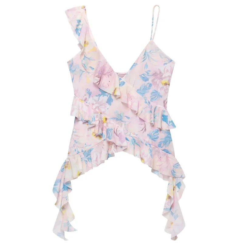 HXAO 2025 Top da donna con stampa in tulle Canotte e canottiere ritagliate estive Top con canotta senza maniche con volant Top senza schienale a strati in rete leopardata