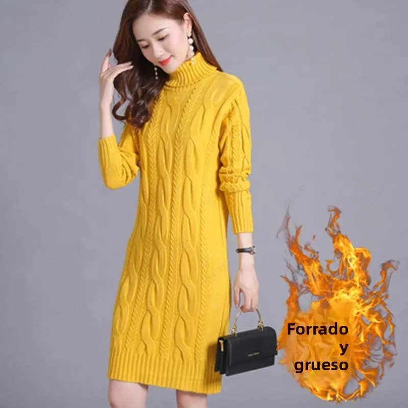 

Осенне-зимний утепленный флисовый свитер с высоким воротником для женщин, свободный крой, большие размеры, вязаное платье средней длины до колен, базовый слой