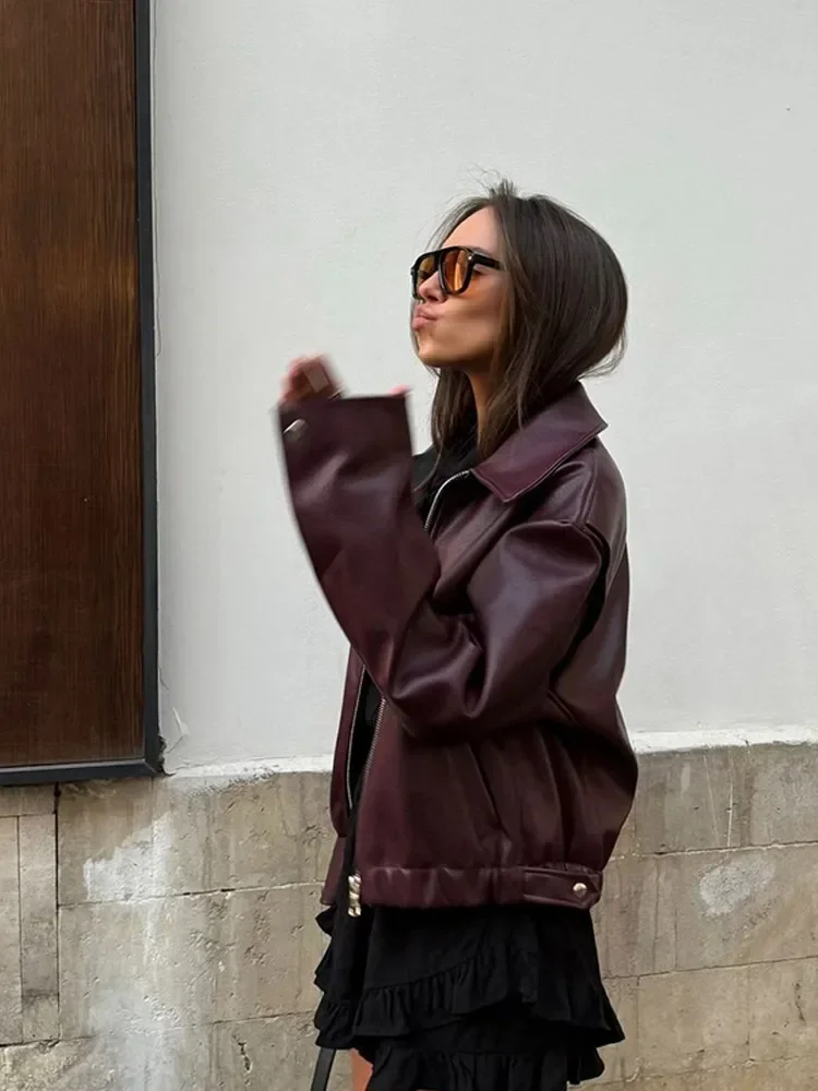 レディース無地ジッパーオーバーコートファッションラペルカラー長袖ルーズショートPUレザージャケット2025秋レディースストリートアウター
