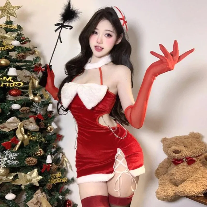 คริสต์มาสเชือกแขวนคอเว้าหลังกำมะหยี่ตุ๊กตาชุดมินิสีแดงปีใหม่เครื่องแต่งกายคอสเพลย์คริสต์มาสชุดนอนสาวน่ารักชุด