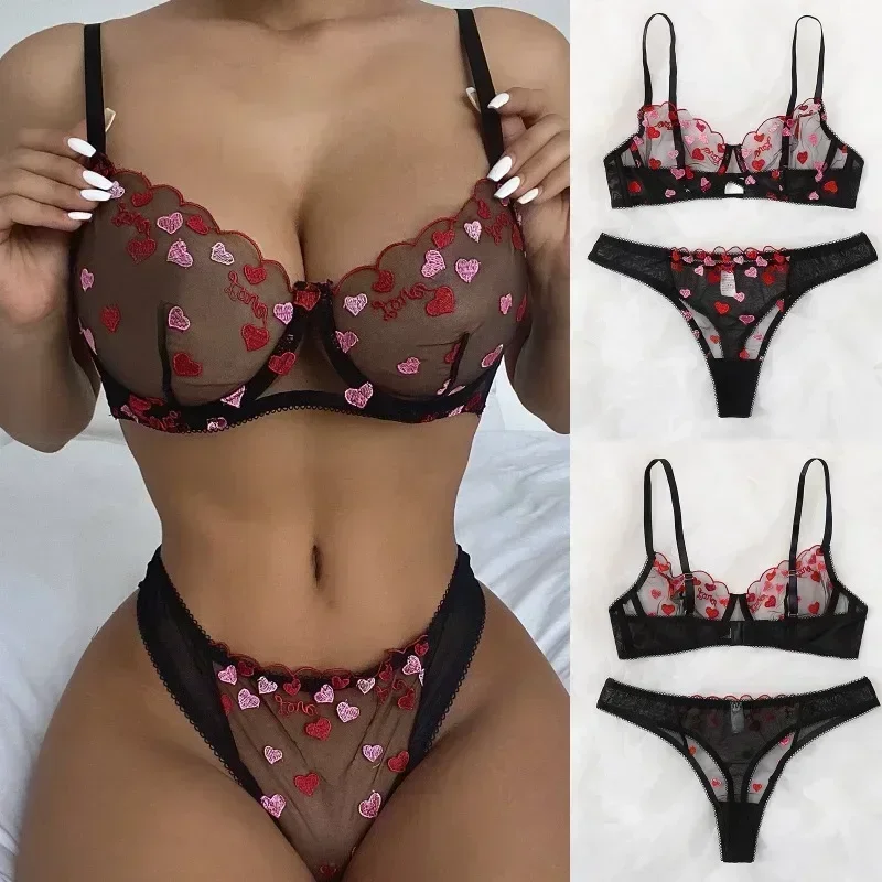 Sexy Lingеrie Women Three-point Set Sexy Bra Underwear 2-piece Set Pink Love Embroidery Transparent Mesh Bra Set See Through Bra