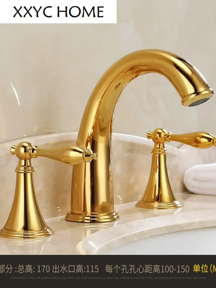 European-Style Copper Natural Jade Three-Hole Hot and Cold Water Faucet Split Marble Basin Golden Tape Nozzle Faucet