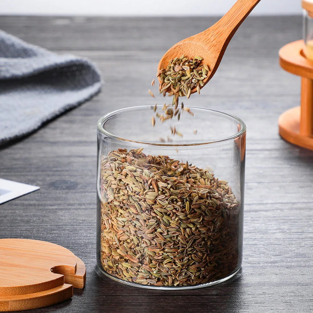 

1Set Condiment Jar Set Glass Seasoning Container Carbonized Bamboo Cover Large Capacity Kitchen Spice Storage Holder