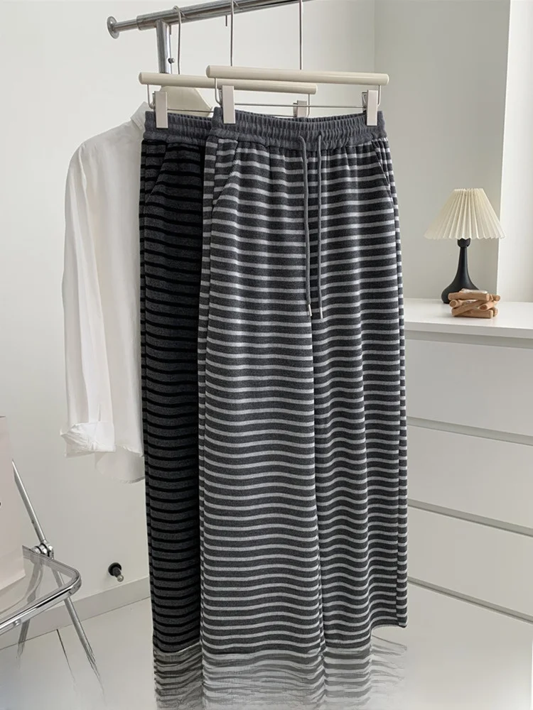 

plus Size Women's Casual Loose Wide Leg Pants Striped Loose Fit Floor Length Trousers Autumn Slimming High Waist Trousers