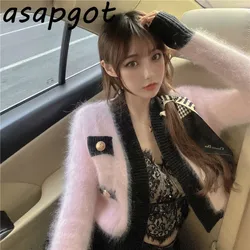 Japan Style Sweet Pink Mohair Sweaters Coat New Winter Fashion  V Neck Patchwork Cardigan Top Pull Femme Chic 3  Gentle