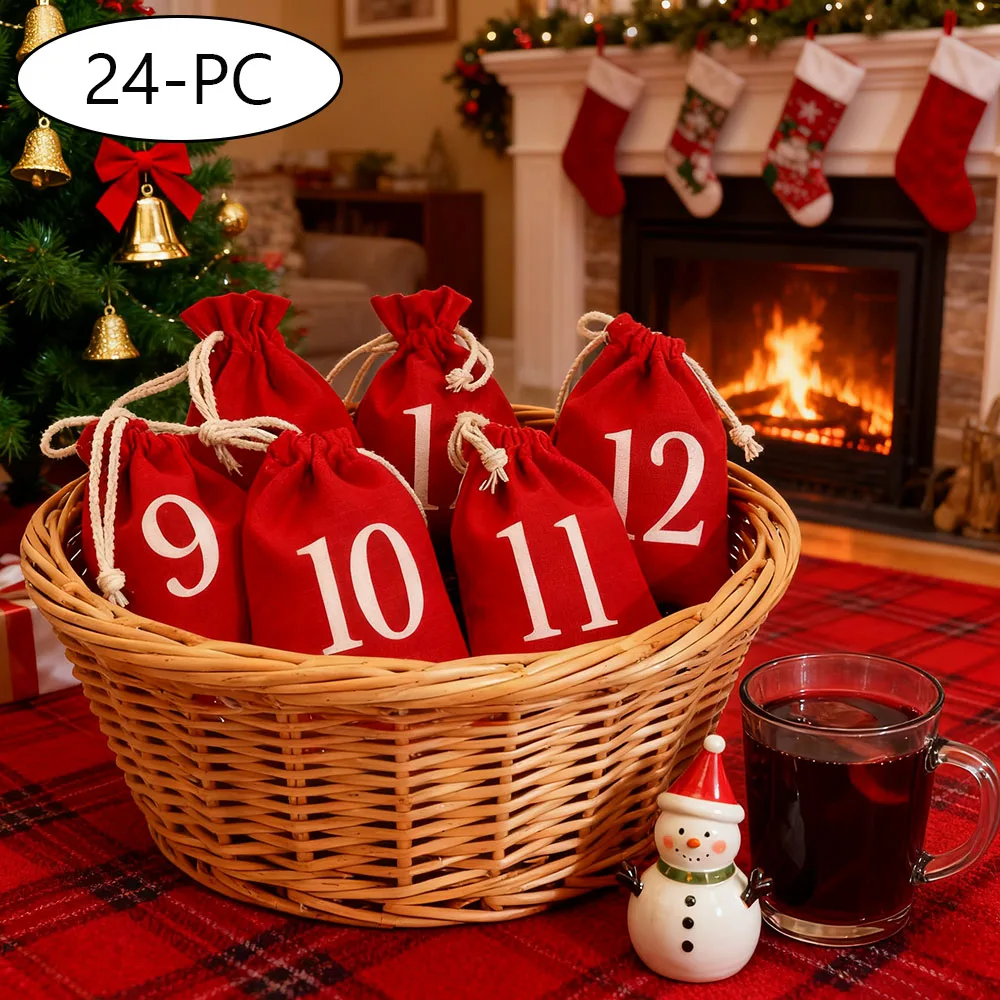 

24-Piece Personalized Red Drawstring Pouch Set for Christmas Countdown Advent Calendar Gift Surprise Bags Customizable Contents