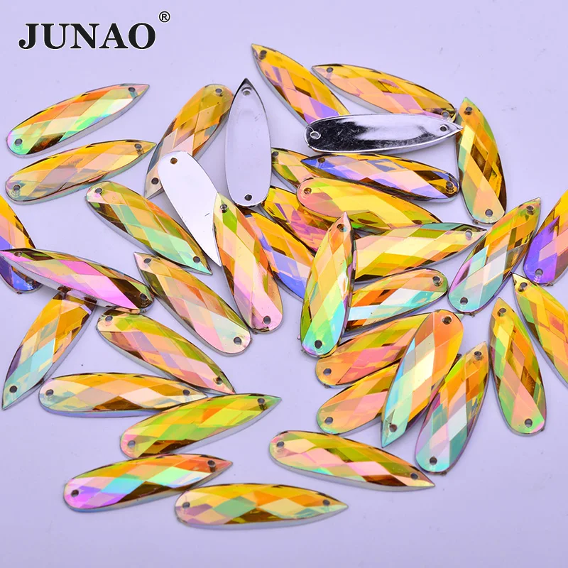 JUNAO 8*28mm 30pcs Sewing Red AB Drops Rhinestone Flatback Stones Sewn Acrylic Crystal Strass Applique for DIY Clothes Crafts