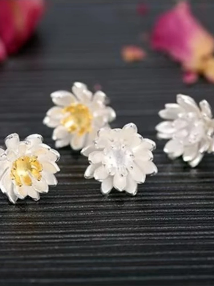 Prawdziwe 925 Sterling srebrne z kwiatem lotosu kolczyki dla kobiet dziewczyn prezent Hot moda sterling-srebrny-biżuteria kobiet kolczyki — zdjęcie 2