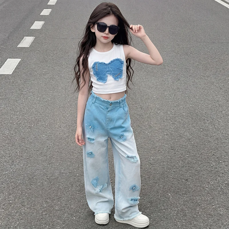 Teenage Girls Clothing Sets Hot Deals Bow Crop Top+Hole Wide Leg Jeans with Butterfly 2Pcs Fashion Gradient Child Clothes Suits