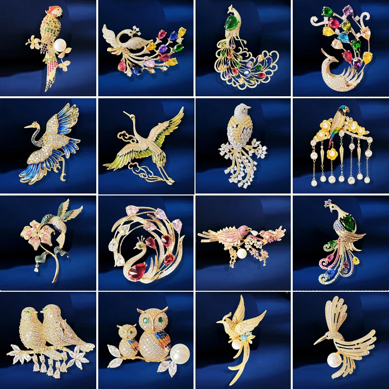 OKILY رائعة الزركونيوم الطاووس الببغاء ابتلاع بروش دبوس المتخصصة تصميم حساسة الحيوان الطيور بروشيه اكسسوارات للنساء ديكور #1