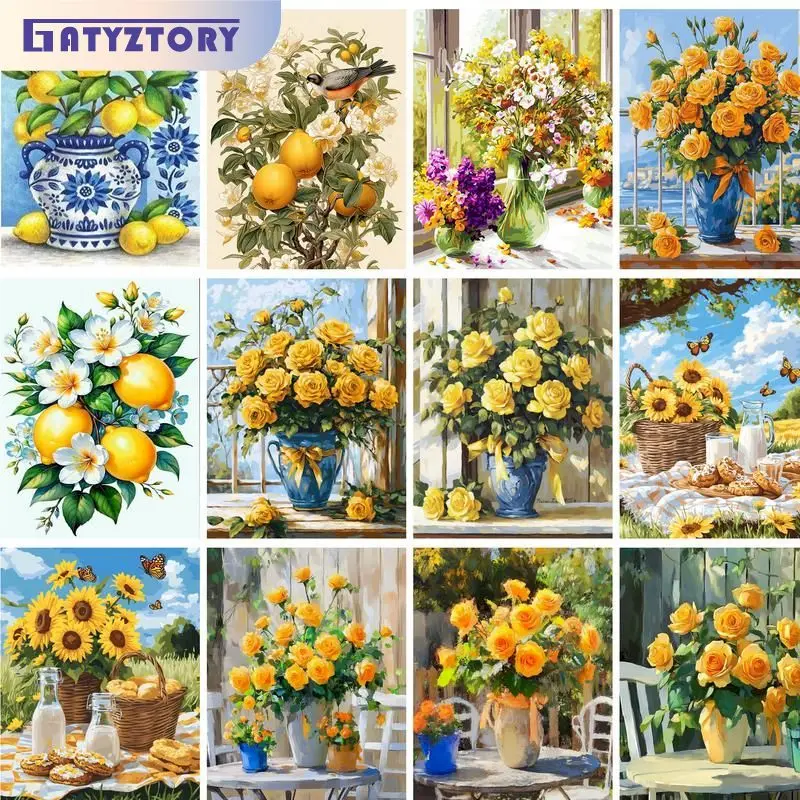 

GATYZTORY Yellow Flower Painting by Numbers for Adults Floral Drawing on Canvas Art Handpainted Modern Diy Gift Home Decor