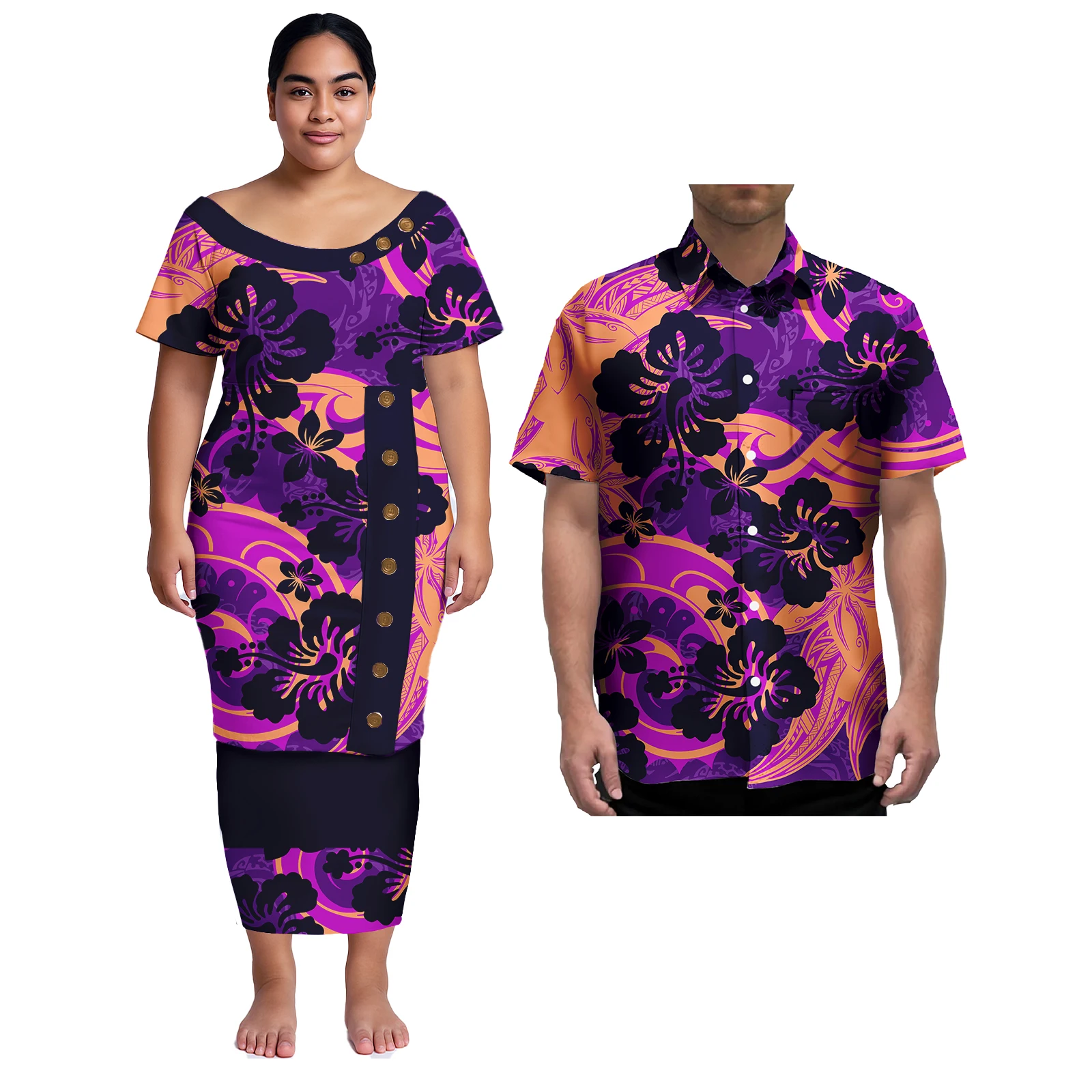 Couple Clothes Isand Style Design Samoan Print Plus Size Aloha Men Shirt Matching Female Hawaiian Puletasi Dress