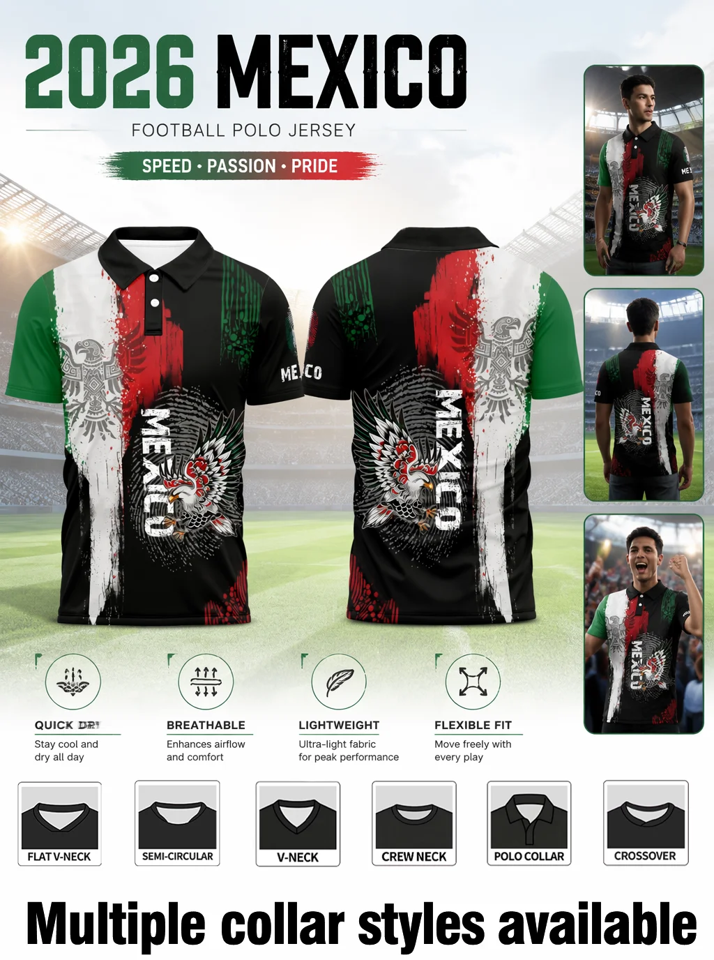 2026 Mexico football polo jersey, brush‑stroke national‑flag colors and eagle totem print, lightweight quick‑dry sport fabric