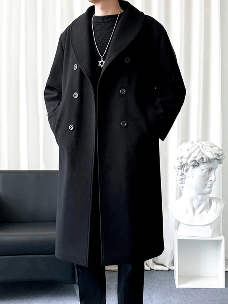 

Briti Sle Double Breasted Knee-Length Woolen Coat Bla Men's Autumn Winter Faionable Middleng Length Overcoat