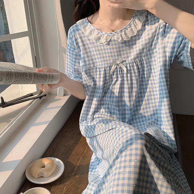 Plaid Women Nightgown Sleepwear Lace Short Sleeve Night Dress Summer Bow Night Wears Bow Korean Style One Piece Pajamas 2024 New