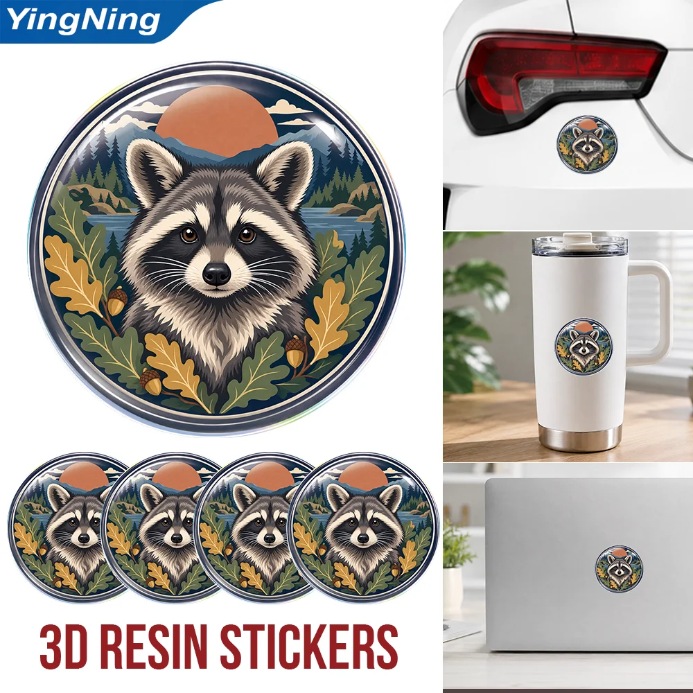 Raccoon Autumn Forest Portrait 3D Epoxy Resin Round Stickers Waterproof Glossy Domed Decals for Car Laptop Tumbler Water Bottle