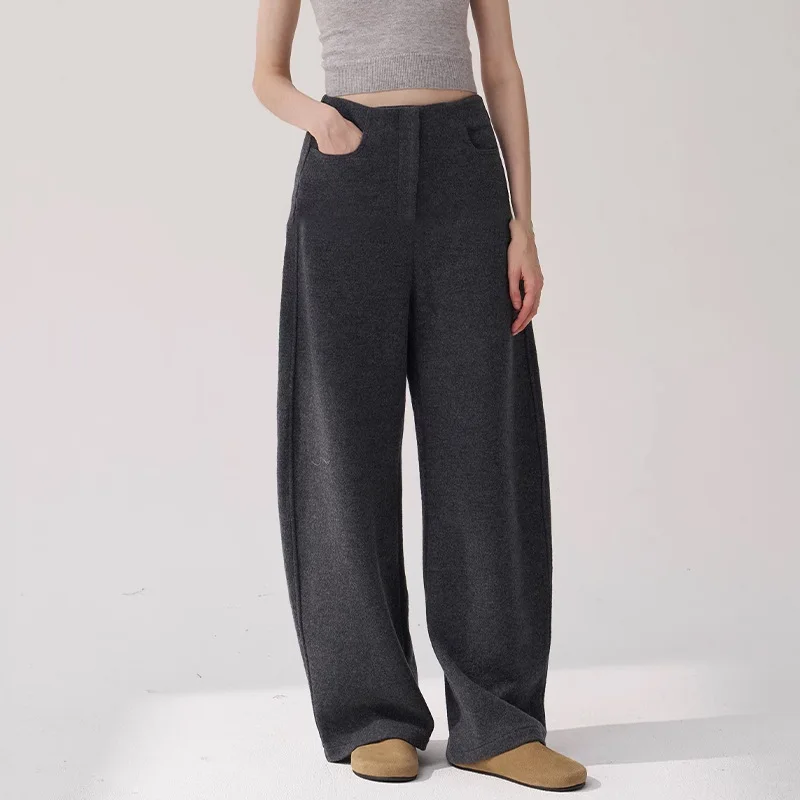 EAEOVNI Minimalistische effen kleur lange broek dames hoge taille casual losse wijde pijpen broek mode 2026 nieuwe kleding