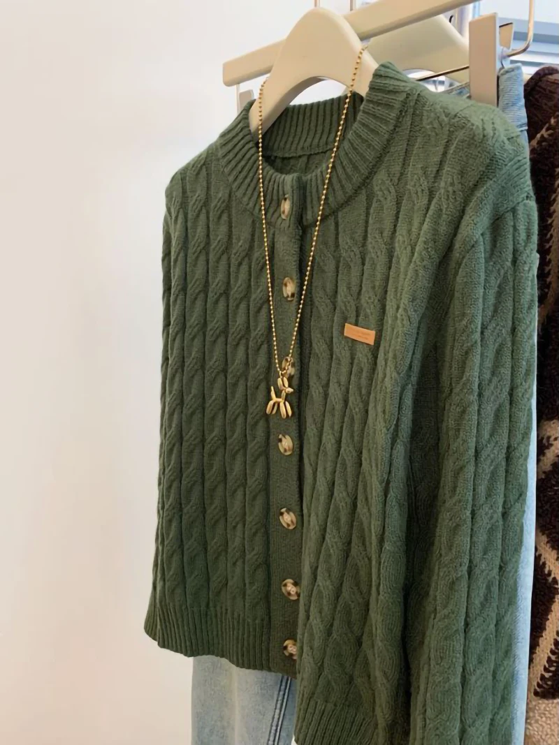 ผู้หญิงสีเขียวTwistedถักรอบคอเสื้อแขนยาวฤดูใบไม้ร่วงและฤดูหนาวเกาหลีElegantใหม่Single-BreastedถักTop 2000