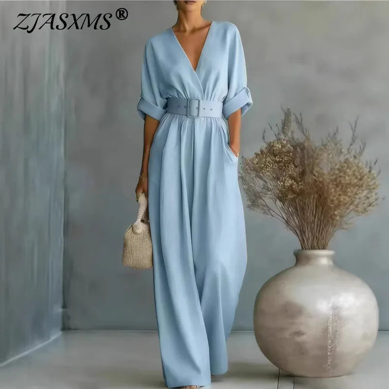 

Elegant V Neck High Waist Belted Slim Jumpsuits Woman New Spring Solid Office Lady Rompers Summer Short Sleeve Straight Overalls