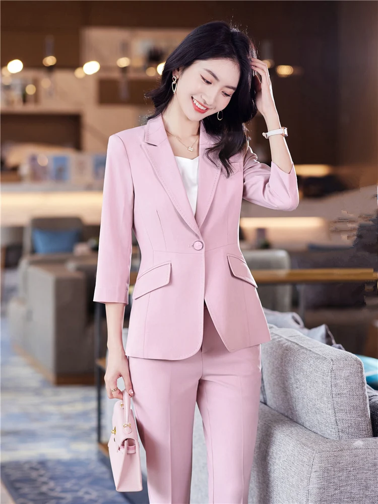 Women\'s Office Suit Fashion Blazer Pantsuit Simple Solid Color 2024 Spring Summer Half Sleeve Top + Trousers 2 Piece Set Blazer