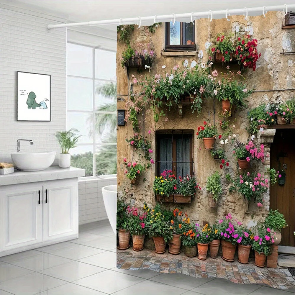 Old Mediterranean Village Wall Full of Blooming Potted Plants Pattern Bath curtain Plush Bedspread Portable 
