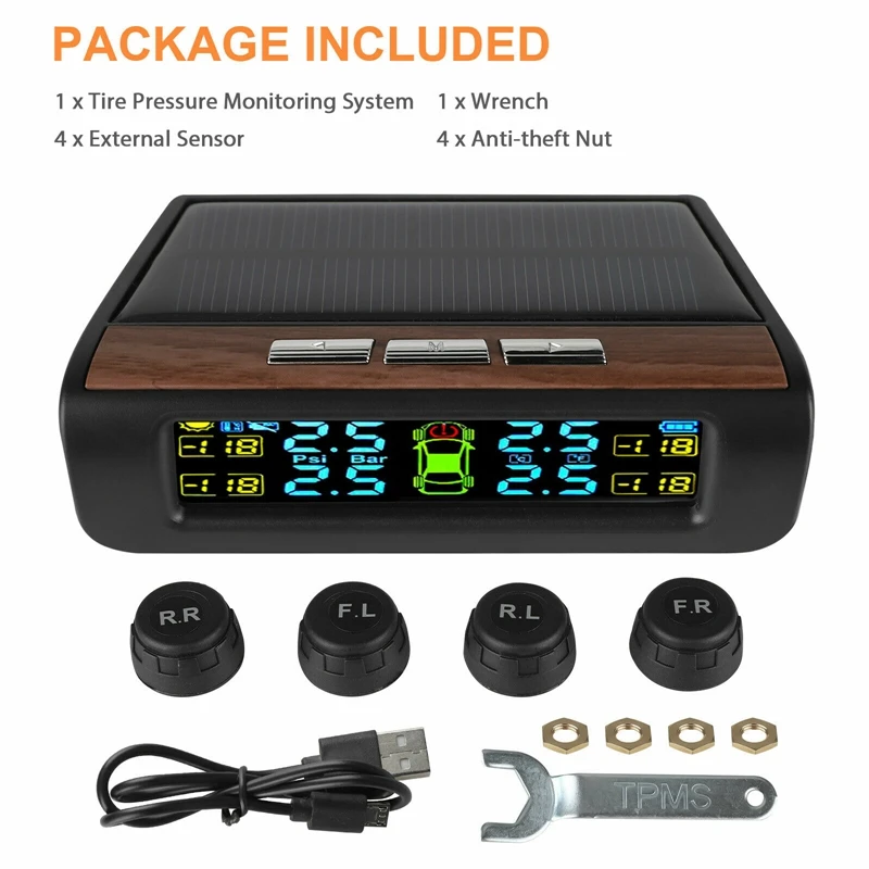 Wireless Solar TPMS LCD Car Tire Pressure Monitoring System With 4 External Sensors Solar Automatic Alarm System