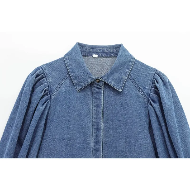 2025 ريترو قميص دينيم المرأة المتضخم نفخة الأكمام زر أسفل خمر بلوزة زرقاء الربيع الصيف اليومية بوهو الزي