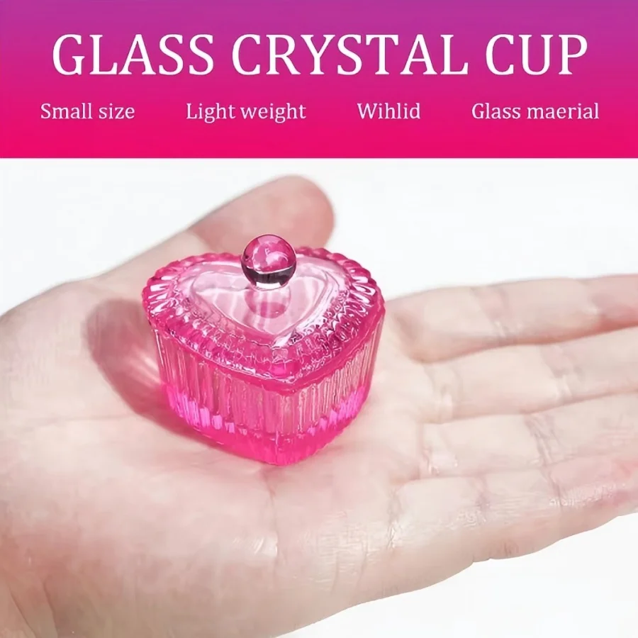 1pcs Pink Crystal Glass Dappen Dish Acrylic Powder Liquid Holder Container Heart Shape Nail Lid Cup Bowl Manicure Accessories
