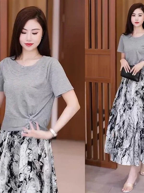 

Casual Summer New Style Women's T-Shirt Skirt Two-Piece Set Asymmetric Design Breathable Polyester Fiber High Waist Skirt