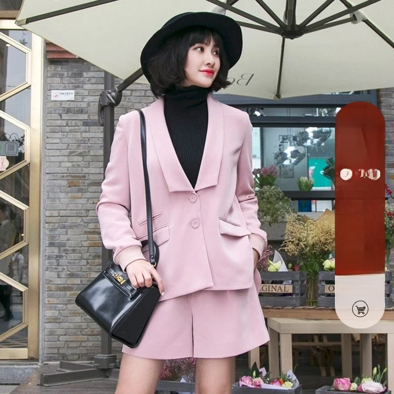 

Elwing Original Design Retro OL Casual Spring Pink Crystal Color Pure Suit ort Pants Set Women's Faion Polyester