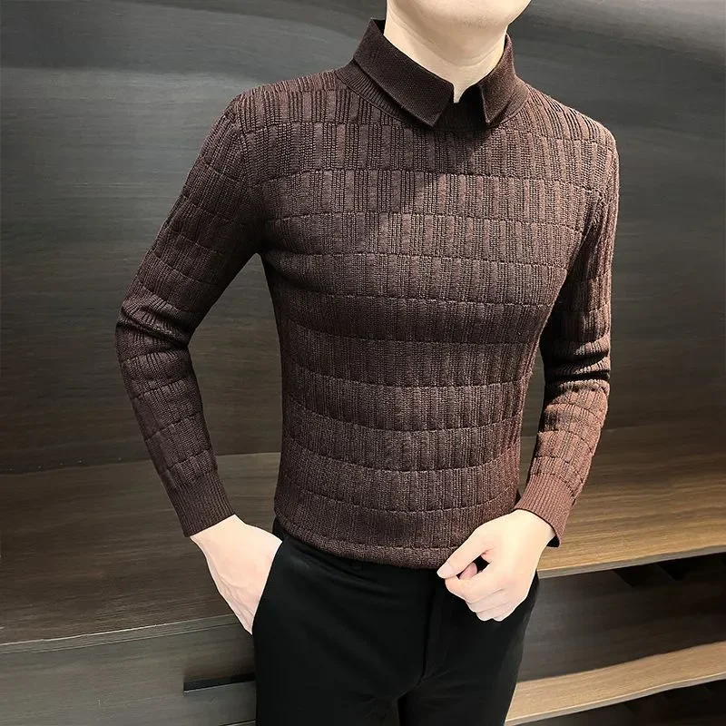 

New Fake Two-piece Sweater Men's Autumn and Winter Striped Knitted Bottoming Shirt