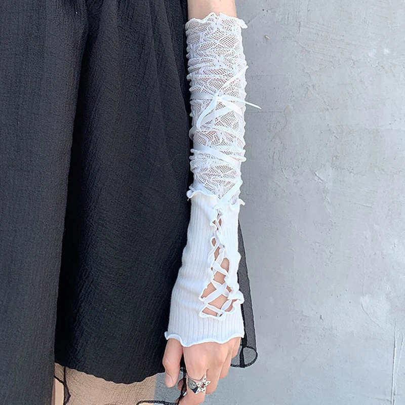 Women Lolita Jk Lace Fingerless Gloves Black Gothic DIY Strapping Sunscreen Sleeve Clothing Accessories Elastic Mesh Punk Gloves