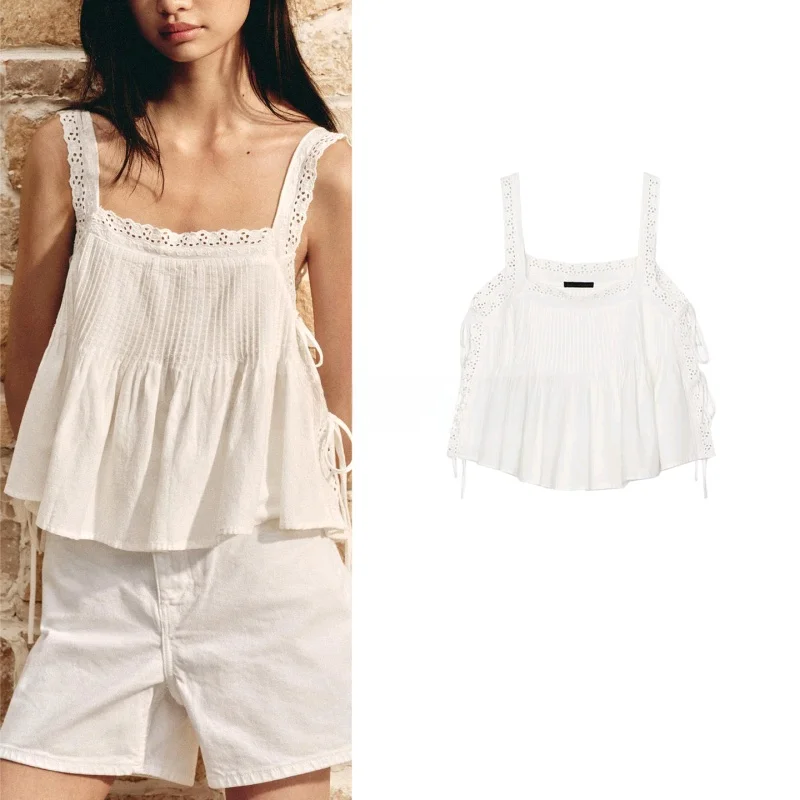 

Летний женский топ с широкими складками, декоративными элементами из смешанной ткани, прямым воротником, вышивкой узлами, ажурный, универсальный.