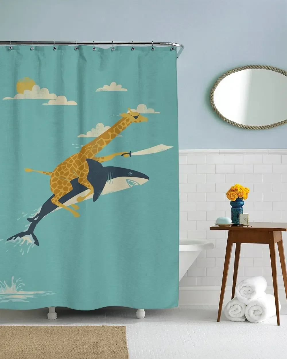 Pirate Shower Curtain Set Kids Bathroom Decor Giraffe Riding Shark Beach Theme Art Waterpoof Fabric