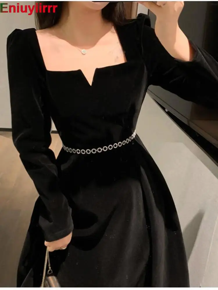 Women 2022 New Year Winter Spring Basic Wear Feminine Vestidos Sexy Square Neck French Black Long Elegant Party Velvet Dress