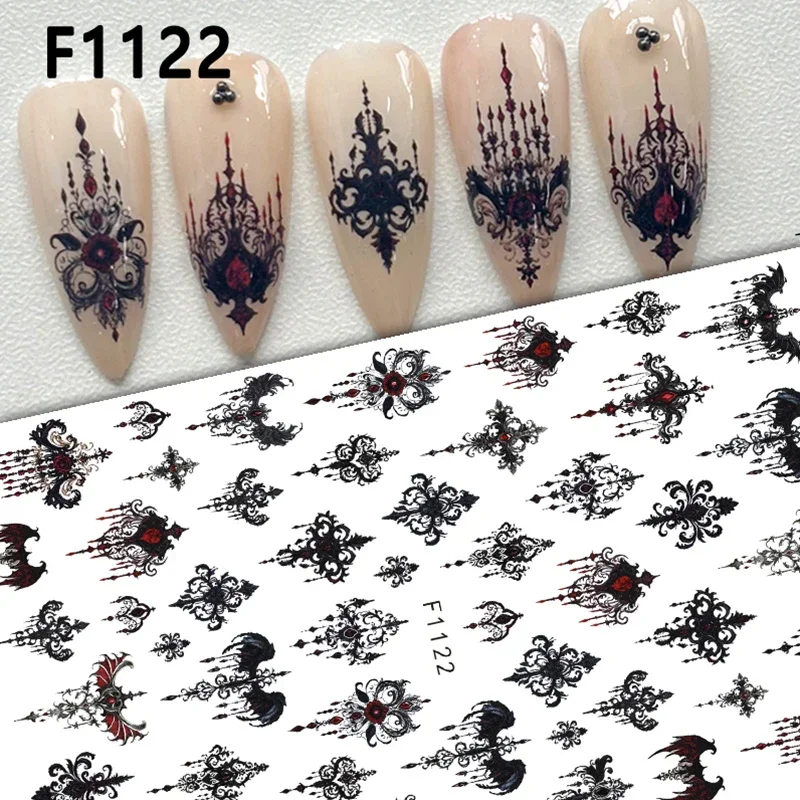 Adesivo nero gotico per unghie Disegni eleganti con lacci per matrimonio Spettrale Halloween Pipistrello Teschio Foil adesive Cursori Nail Art Decor