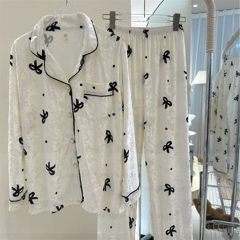 2Pcs Velour Nightwear Bow Print Pijamas De Mujer Warm Winter Sleepwear Women Pajamas Suit Long Sleeve Elastic Waist Pijama Mujer