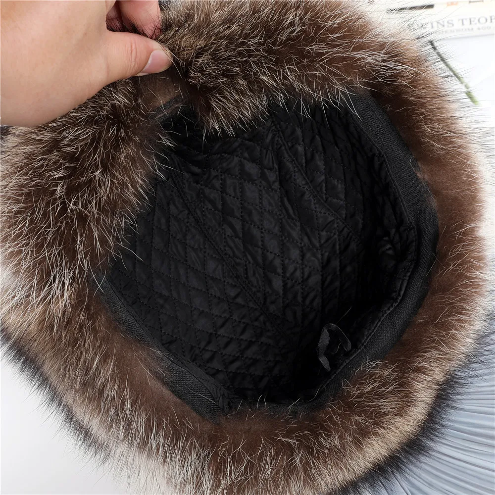 Winter Men\'s 100% Real American Raccoon Fur Bomber Hat Ushanka Cap Trapper Russian Man Ski Hats Caps Real Leather