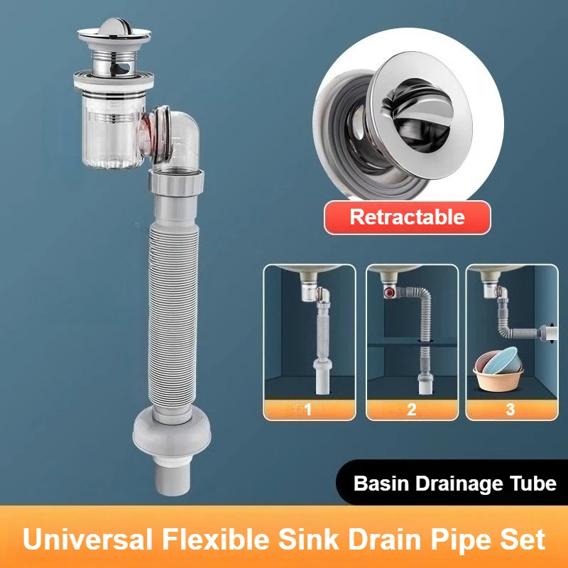 Flip Top Anti-Odor Drain Pipe Set Kitchen Sink Drain Retractable Deodorizing Filter Flexible Downspout Bathroom Anti Clogging