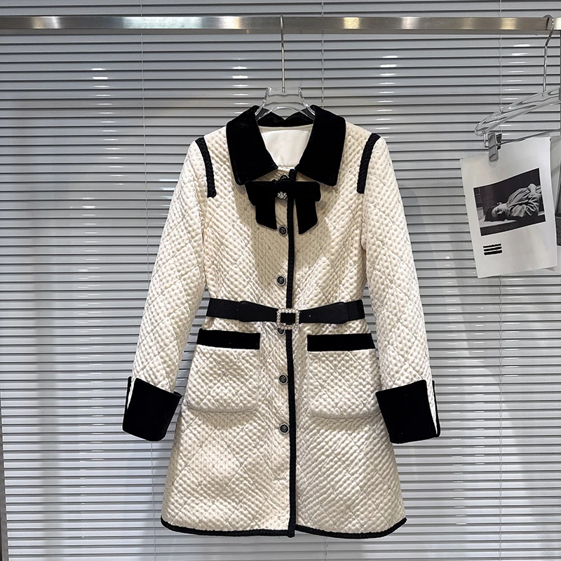 2025 Winter New Small Fragrant Style Velvet Bow Nail Bead Design Down Inner Tank Middle Length Windbreaker Coat for Women