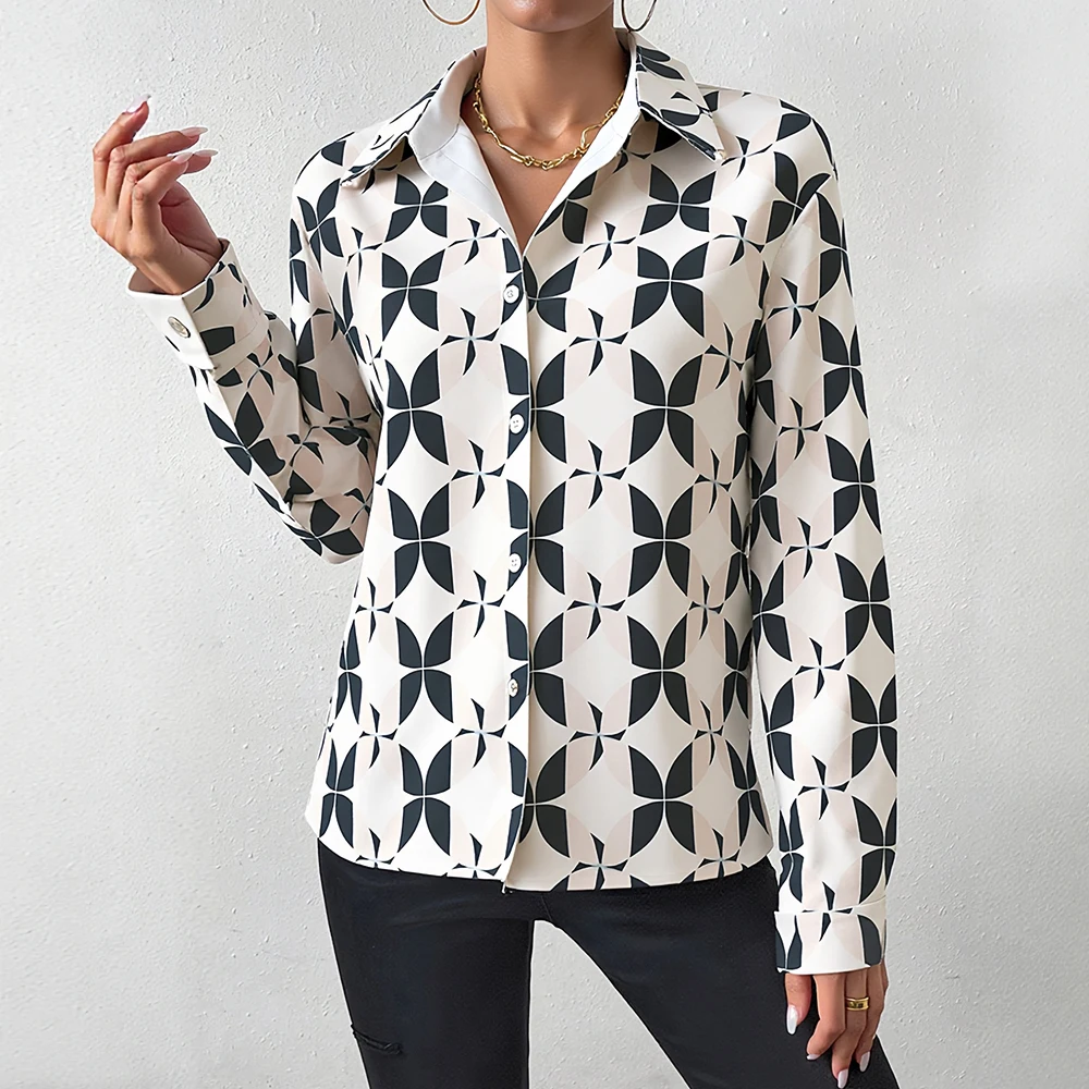 

Mia Muse 2025 Women's Shirts Autumn Comfy Full Print Button Open Front Long Sleeve Shirt Collar Mature Vibe Shirts