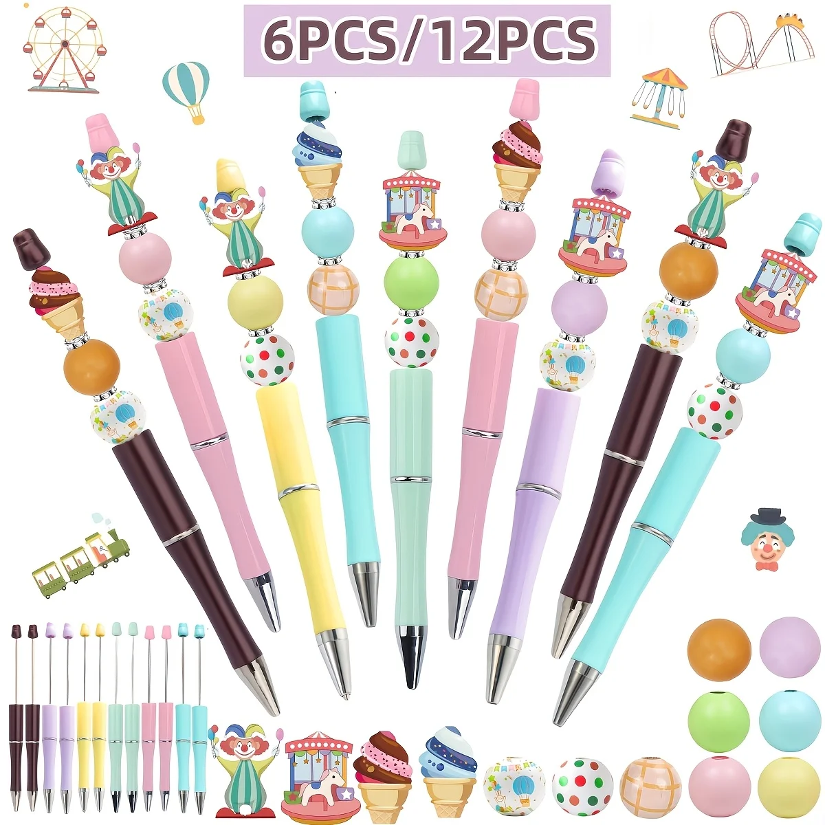 6PCS Happy Park Amusement Park Joker Theme DIY Wooden Beads and Bead Pen Set, Great Gift and Learning Office Supplies