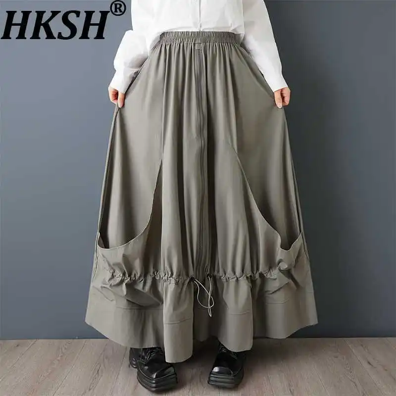 

HKSH Spring Autumn New Women Skirt Solid Color Pleated Drawstring Fashion Oversized Elastic Waisted Versatile Ins Skirts HK17912