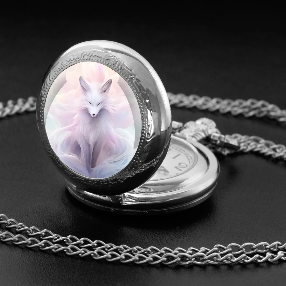 Orologio da tasca al quarzo con motivo animale FOX unico con pendente a collana nera, funzione mondiale, display analogico per donne, uomini e bambini