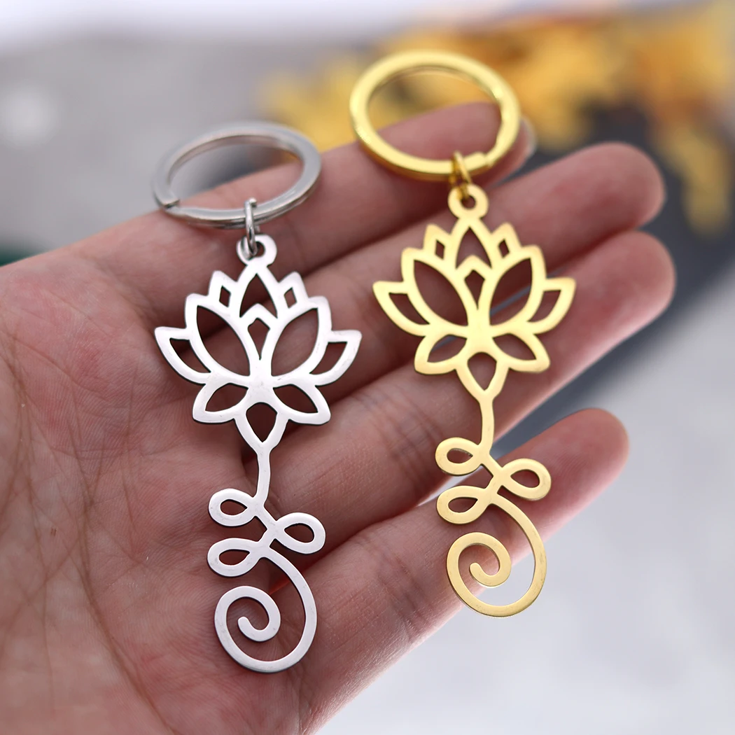 QIMING Lotus Unalome Yoga Buddhist Keychains Women Stainless Steel Bohemia Jewelry Key Rings Men Party Gift