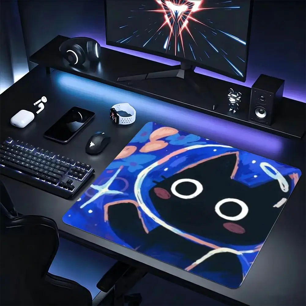 Gaming Mousepad Neon Star Black Cat Art Small Deskmat Anti‑slip Lock Edge Mouse Pad Pc Laptop Gamer Keyboard Mat Accessoires